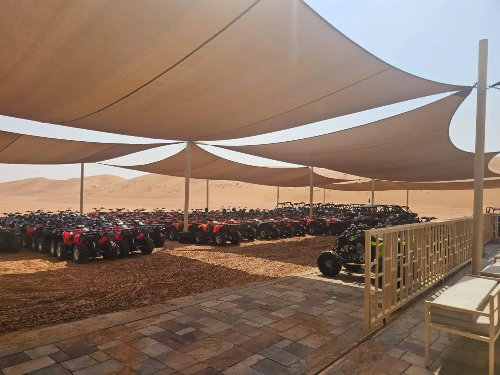 Row of ATVs under shade canopy