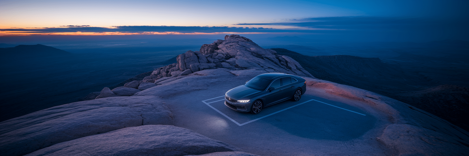 Car parked at Jebel Hafit viewpoint before sunrise.