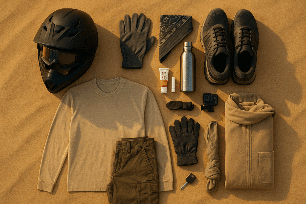 What to Wear for Dune Buggy Ride in Dubai

What to wear for dune buggy ride in Dubai: keep it lightweight, protective, and sand-smart so you stay comfy, safe, and camera-ready.

Core Outfit

👕 Top: Lightweight, breathable long-sleeve shirt (poly/merino or UPF fabric) to block sun and sand.

👖 Bottoms: Stretchy long pants (athletic or cargo). Avoid loose, flowing fabrics that can snag.

👟 Footwear: Closed-toe sneakers with good grip; no sandals or heels.

🧦 Socks/underlayers: Moisture-wicking socks; sports bra/athletic base layers for comfort.

Protective Essentials (many operators provide helmets/goggles)

🪖 Helmet & goggles: Always wear them; snug fit prevents bounce and sand entry.

🧤 Light gloves: Better grip on the wheel and protection from hot surfaces.

🧣 Buff/bandana: Covers nose/mouth on windy, sandy stretches.

🧴 SPF 30+ sunscreen & SPF lip balm: Reapply every 60–90 minutes.

💧 Hydration: Refillable bottle or small hydration pack.

Time-of-Day & Season Tweaks

☀️ Summer (May–Sep): Book sunrise or sunset rides; pick ultra-breathable long sleeves, cooling towel, and extra water.

🌬️ Windy days: Wrap-around goggles and a snug buff help a lot.

🌙 Cool evenings/winter (Dec–Feb nights): Pack a light jacket/fleece—desert temps drop fast after sunset.

What Not to Wear

❌ Open-toe shoes, flip-flops, or loose slippers.

❌ Flowy dresses, long scarves, dangling jewelry (snag/entanglement risk).

❌ Heavy cotton that stays damp; choose technical blends instead.

Hair, Kids & Comfort

🪮 Long hair: Tie it back or tuck it under the helmet.

👶 Kids/passengers: Follow operator age/height rules; everyone buckles up before moving.

🎥 Phones/cameras: Use mounts or zipped pockets—no handheld filming while driving.

Quick Checklist (30-second gear check)

✅ Long-sleeve top & long pants

✅ Closed-toe sneakers + wicking socks

✅ Helmet, goggles, gloves, buff

✅ Sunscreen & lip balm

✅ Water bottle/hydration pack

✅ Light jacket (evening/winter only)