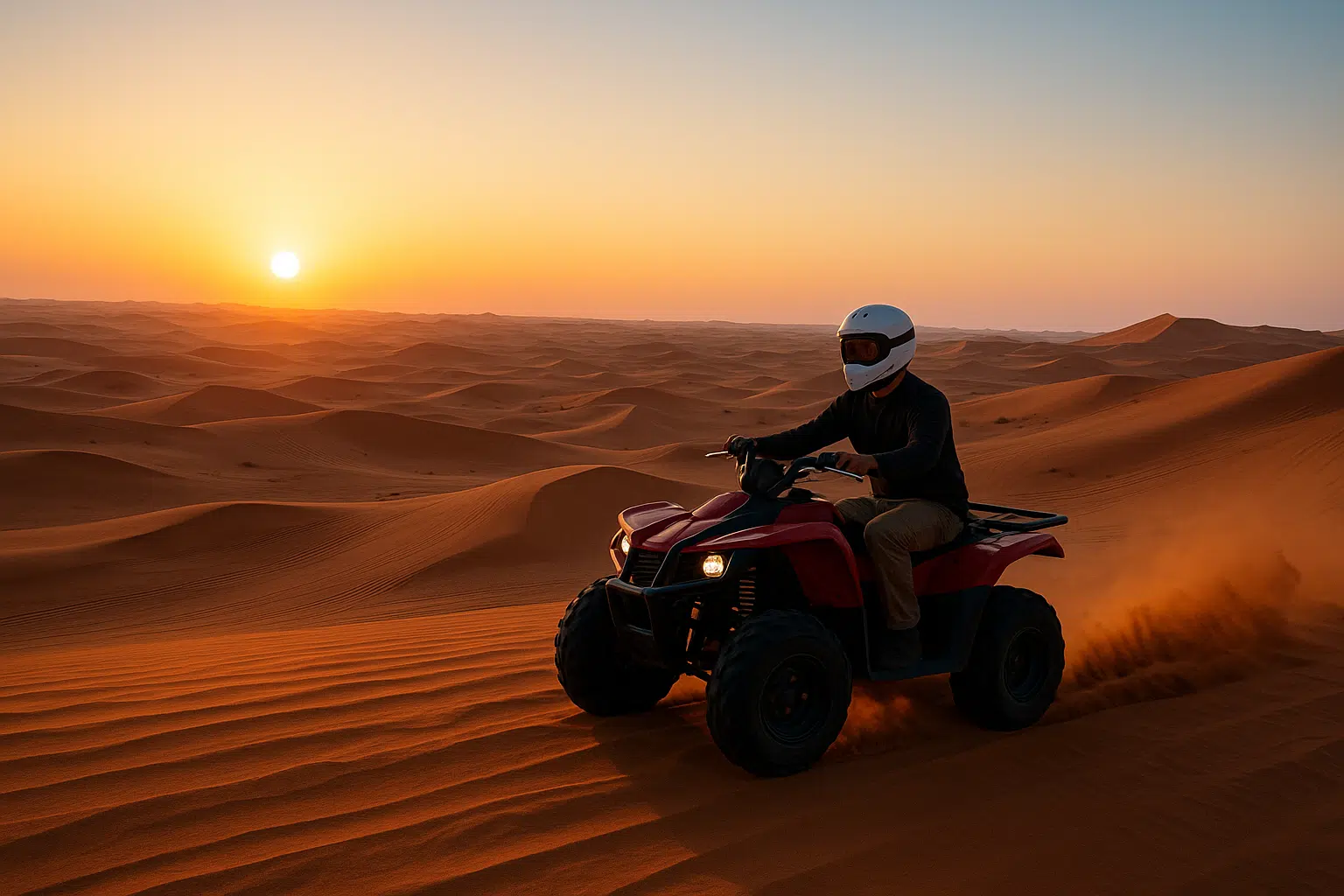 Morning vs Evening Dune Buggy Dubai comparison showing sunrise ride and sunset safari experience