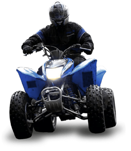 Person riding blue ATV in motion