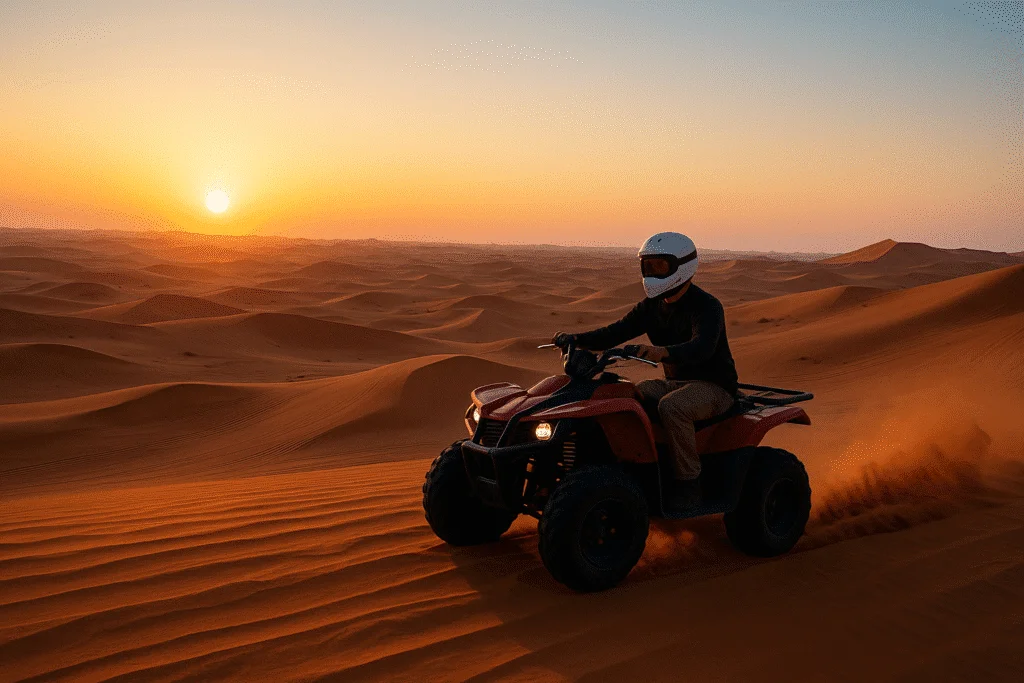 Evening desert safari in Dubai during sunset with red dunes
